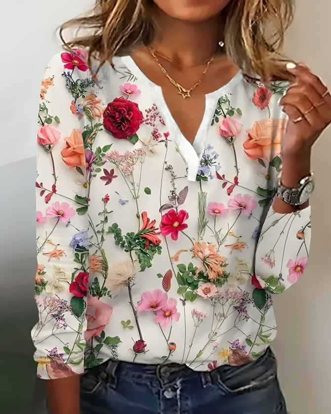 Ariana Blouse | Bloemenprint Damesblouse met V-Hals en Lange Mouwen