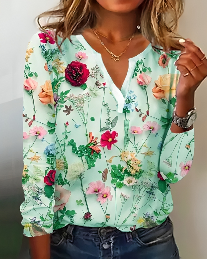 Eliana Blouse | Bloemenprint Damesblouse met V-Hals en Lange Mouwen