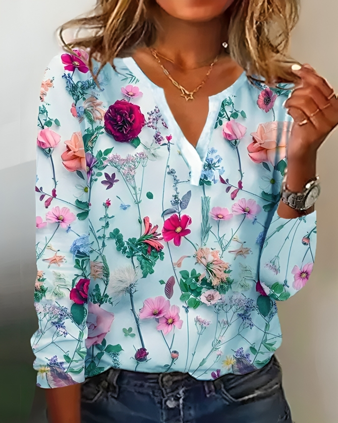 Ariana Blouse | Bloemenprint Damesblouse met V-Hals en Lange Mouwen