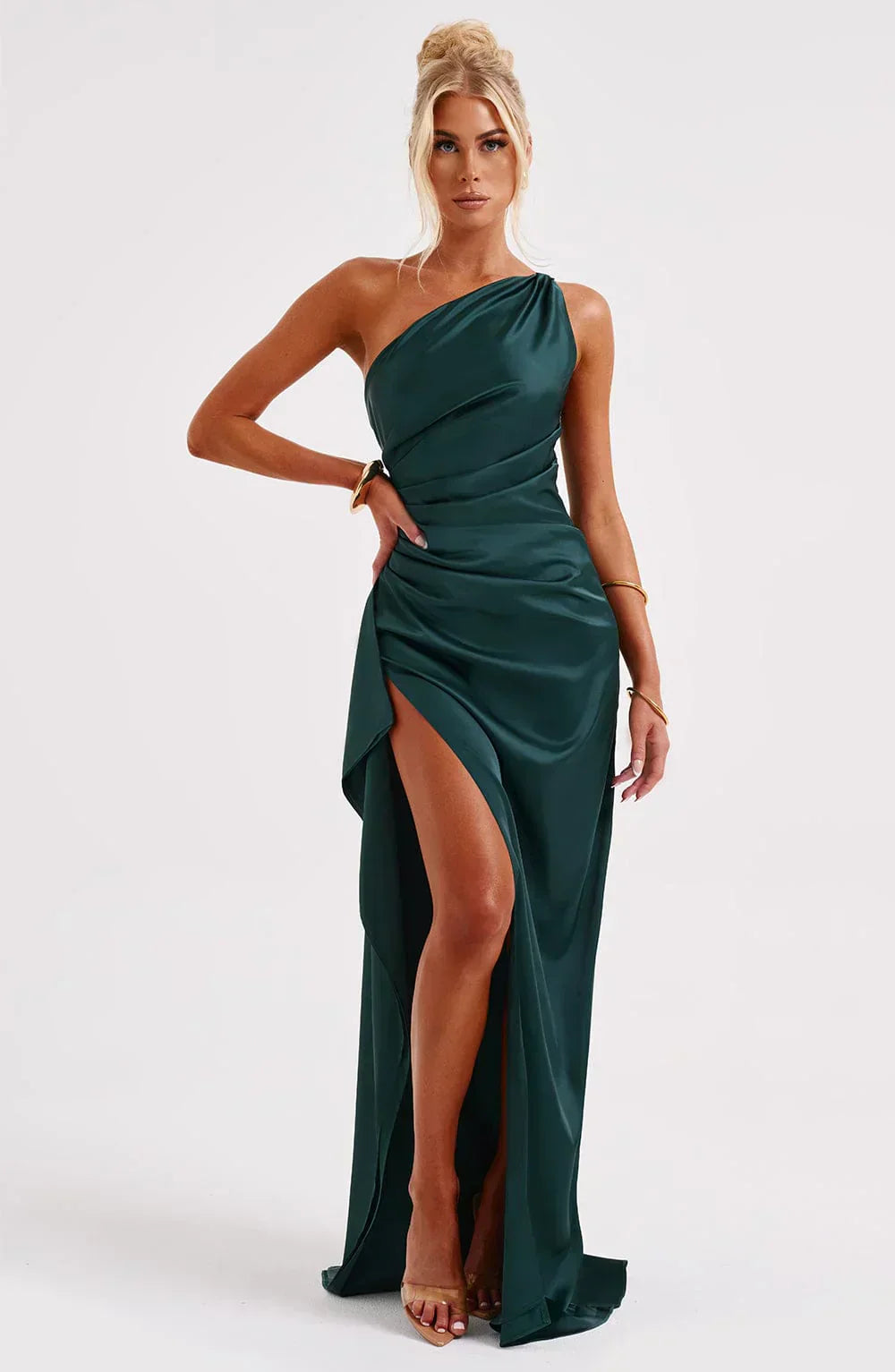 Valentina Splitjurk | Satijnen One-Shoulder Avondjurk met Elegante Hoge Split