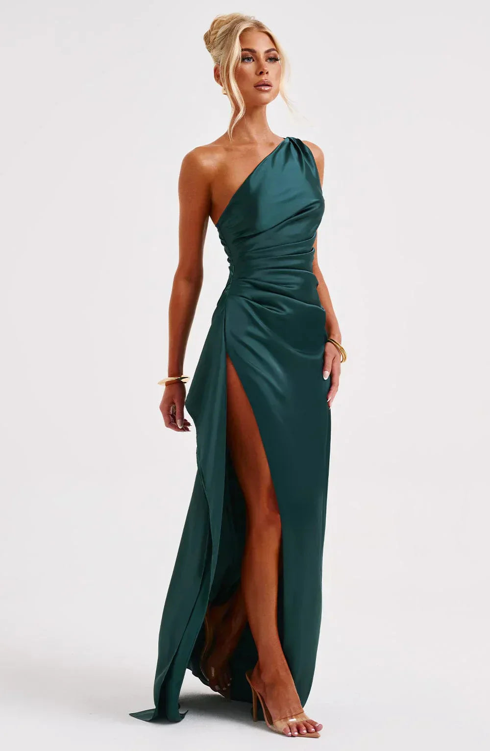 Valentina Splitjurk | Satijnen One-Shoulder Avondjurk met Elegante Hoge Split