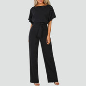 Jumpsuit Dames Zomer met Korte Mouwen, Ceintuur en Wijde Pijpen, Elegant en Vrouwelijk - Mariella Conti