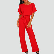 Jumpsuit Dames Zomer met Korte Mouwen, Ceintuur en Wijde Pijpen, Elegant en Vrouwelijk - Mariella Conti