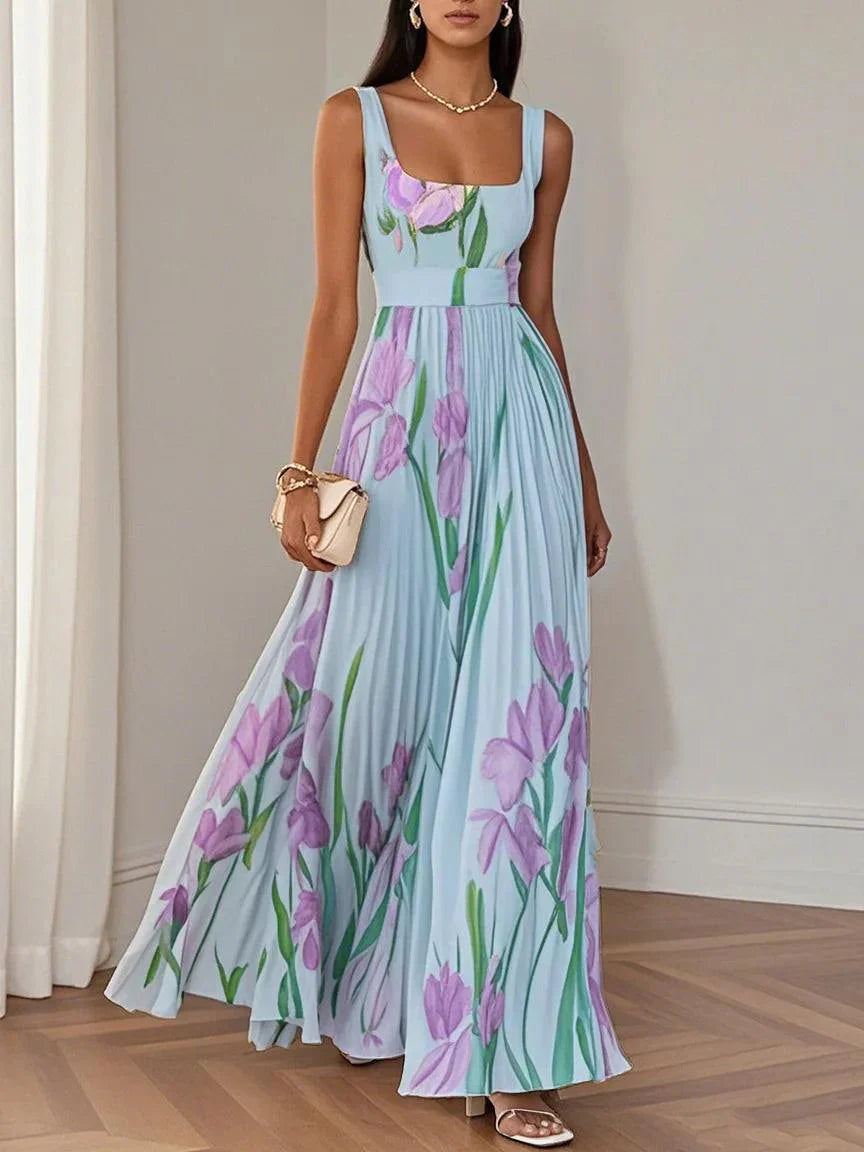 Chiffon Maxi Jurk Dames Bloemenprint Vierkante Hals Bruiloft Gast - Wit / Blauw / Roze - Maelen