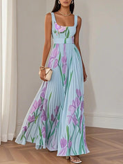 Chiffon Maxi Jurk Dames Bloemenprint Vierkante Hals Bruiloft Gast - Wit / Blauw / Roze - Maelen