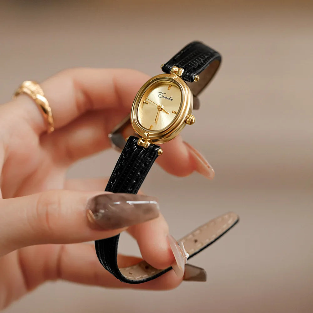 Dames Horloge Gouden Wijzerplaat Leren Band Ovaal en Rechthoekig - Zwart - Maelen