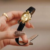 Dames Horloge Gouden Wijzerplaat Leren Band Ovaal en Rechthoekig - Zwart - Maelen