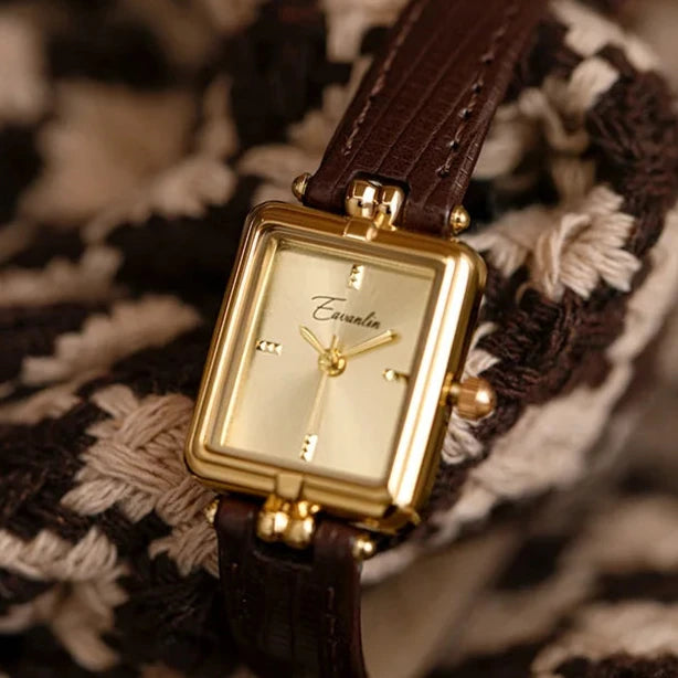 Dames Horloge Gouden Wijzerplaat Leren Band Ovaal en Rechthoekig - Zwart - Maelen