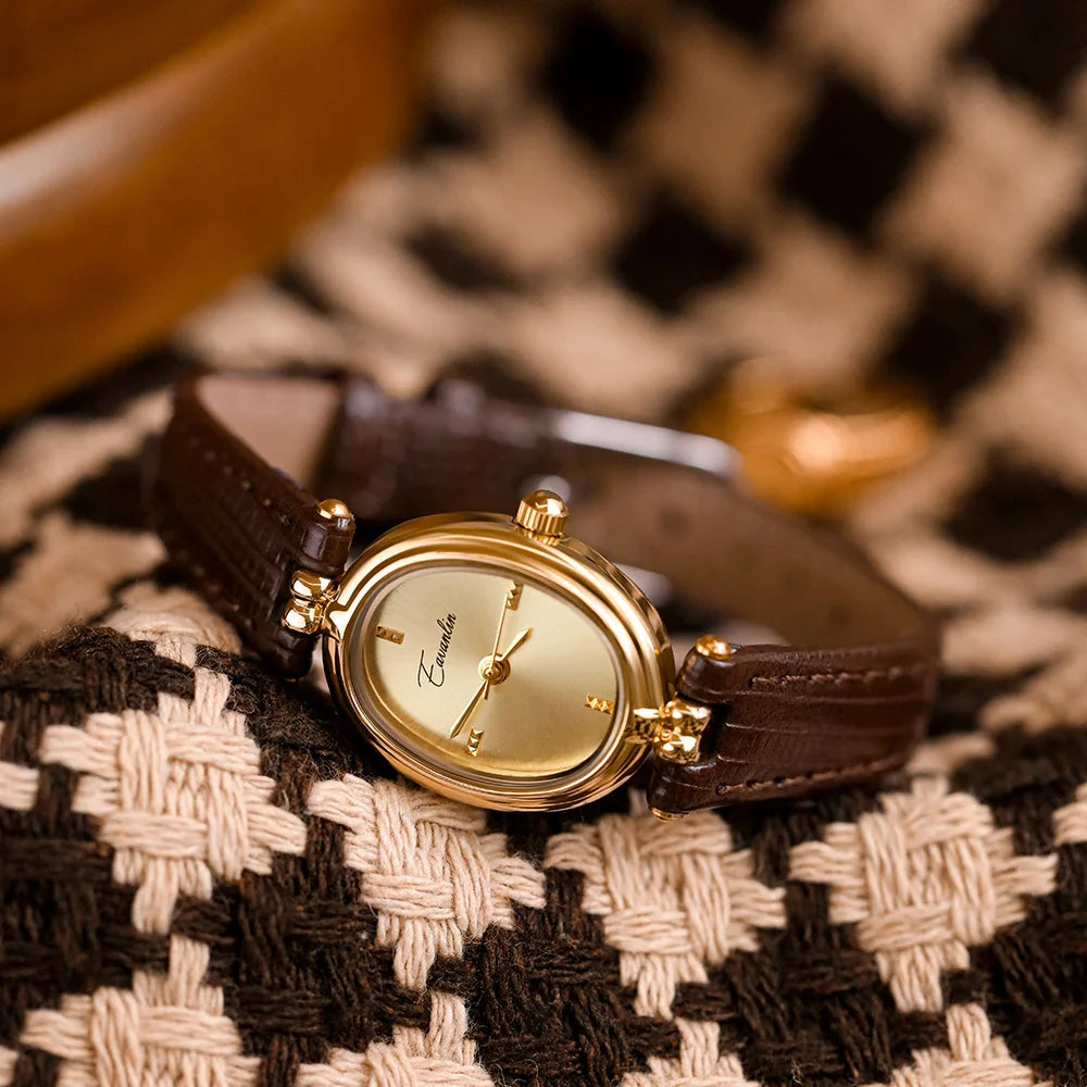 Dames Horloge Gouden Wijzerplaat Leren Band Ovaal en Rechthoekig - Zwart - Maelen