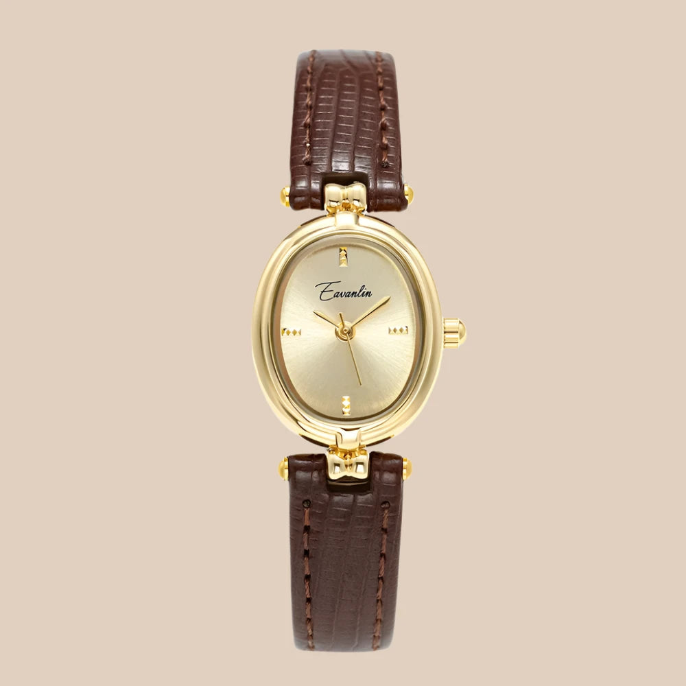 Dames Horloge Gouden Wijzerplaat Leren Band Ovaal en Rechthoekig - Zwart - Maelen