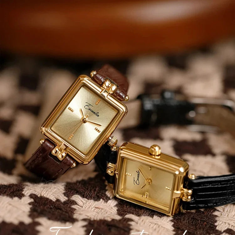 Dames Horloge Gouden Wijzerplaat Leren Band Ovaal en Rechthoekig - Zwart - Maelen
