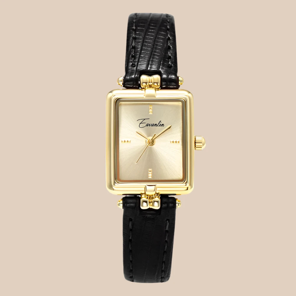 Dames Horloge Gouden Wijzerplaat Leren Band Ovaal en Rechthoekig - Zwart - Maelen