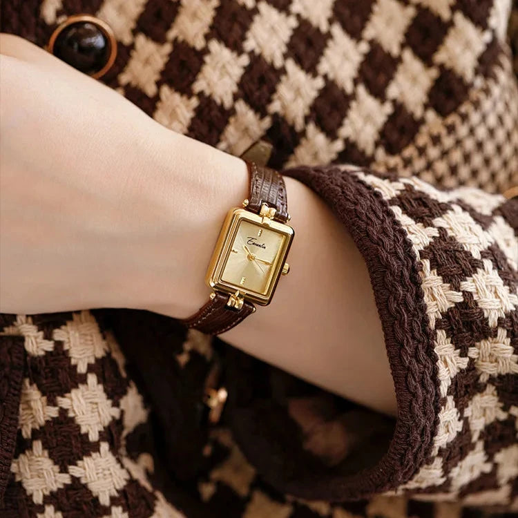 Dames Horloge Gouden Wijzerplaat Leren Band Ovaal en Rechthoekig - Zwart - Maelen