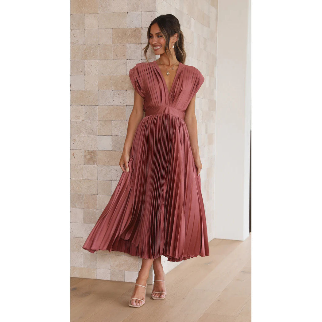Dames Midi Jurk Plissé Rok V-hals Korte Mouwen Bruiloft Gast - Roze / Beige / Lila - Maelen