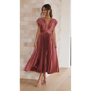 Dames Midi Jurk Plissé Rok V-hals Korte Mouwen Bruiloft Gast - Roze / Beige / Lila - Maelen