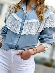 Arianne Blouse | Denim Damesblouse met Kanten Rand en Ruches