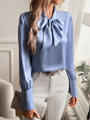 Dames Satijnen Blouse Strikdetail Hals Lange Mouwen Pofmouwen - Lichtblauw / Roze / Marineblauw - Maelen