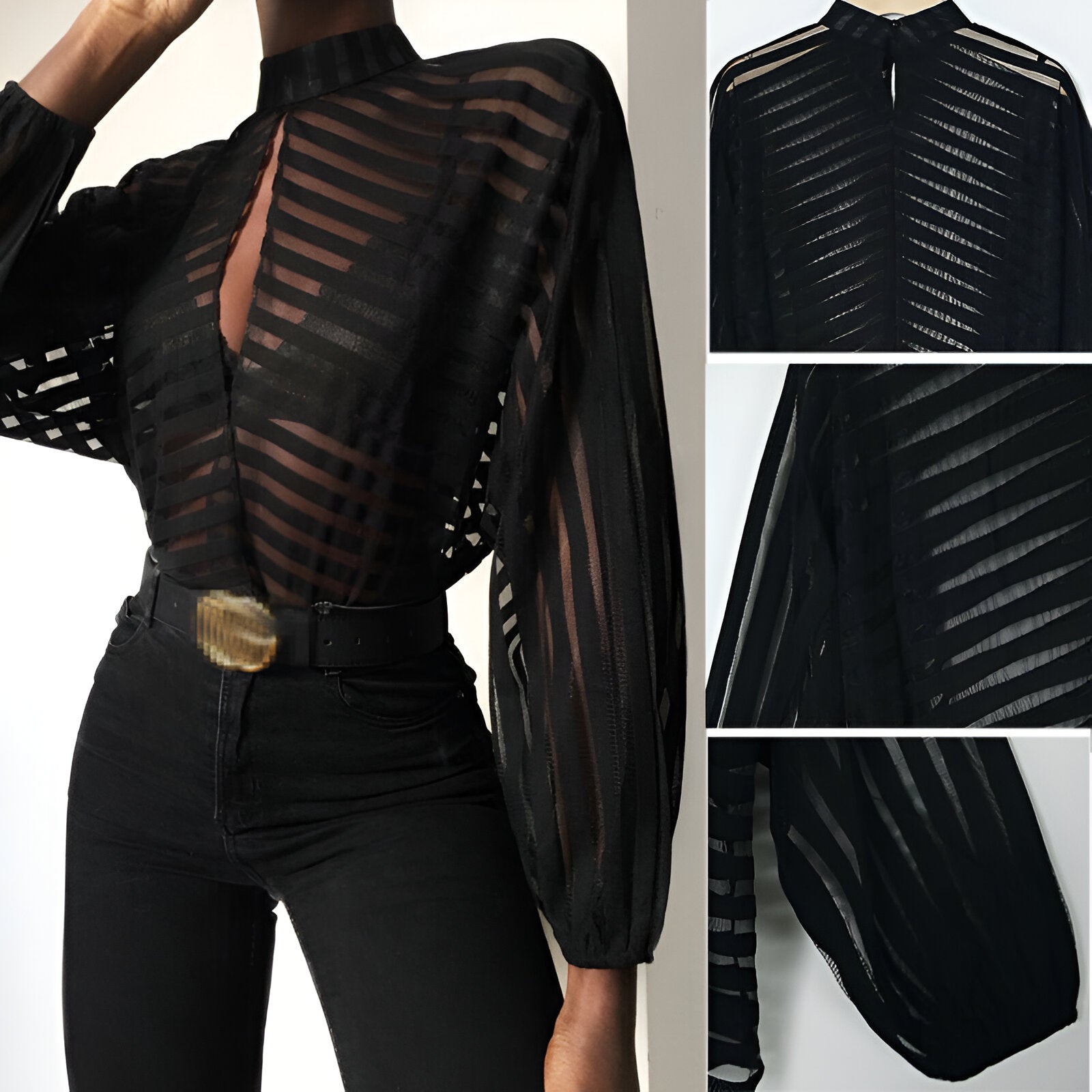 Lucia Mesh Blouse | Transparante Damesblouse met Chique Holle Details en Lange Mouwen