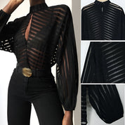 Lucia Mesh Blouse | Transparante Damesblouse met Chique Holle Details en Lange Mouwen