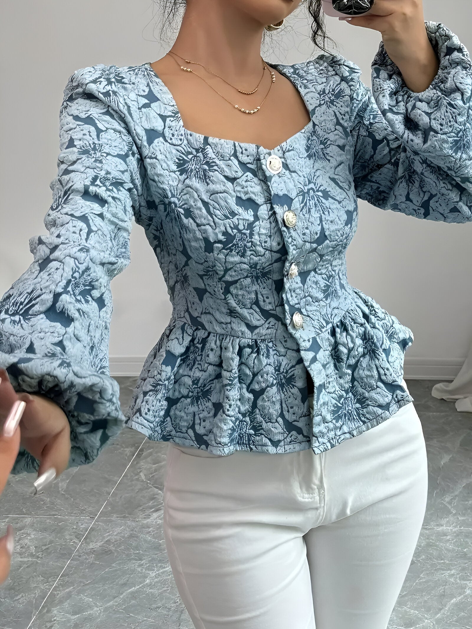 Bijou Blouse | Romantische Blouse met Jacquardstof, Sweetheart Halslijn en Ruches