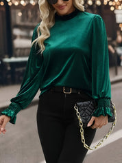 Bluma Blouse | Fluwelen Blouse met Ruches en Opstaande Kraag