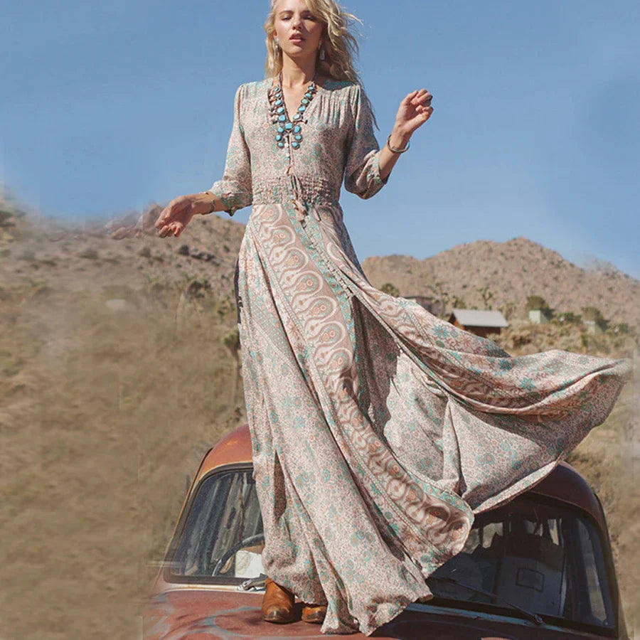 Isabella Jurk | Bohemian Maxi-jurk met Paisley Patroon, Tailleband en Hoge Split