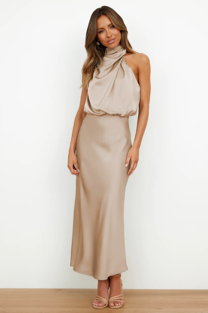 Dames Satijnen Maxi Jurk Halternek Mouwloos Bruiloft Gast - Beige / Zwart / Groen / Roze - Maelen