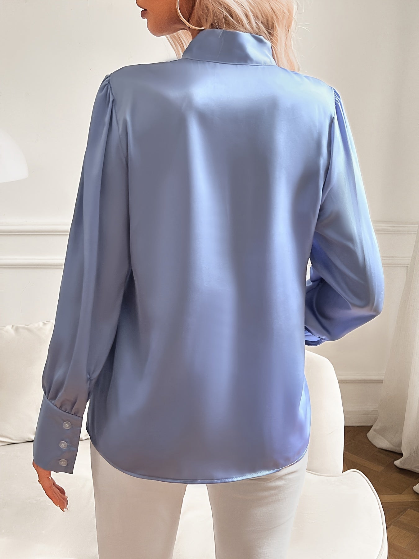 Dames Satijnen Blouse Strikdetail Hals Lange Mouwen Pofmouwen - Lichtblauw / Roze / Marineblauw - Maelen