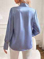 Dames Satijnen Blouse Strikdetail Hals Lange Mouwen Pofmouwen - Lichtblauw / Roze / Marineblauw - Maelen