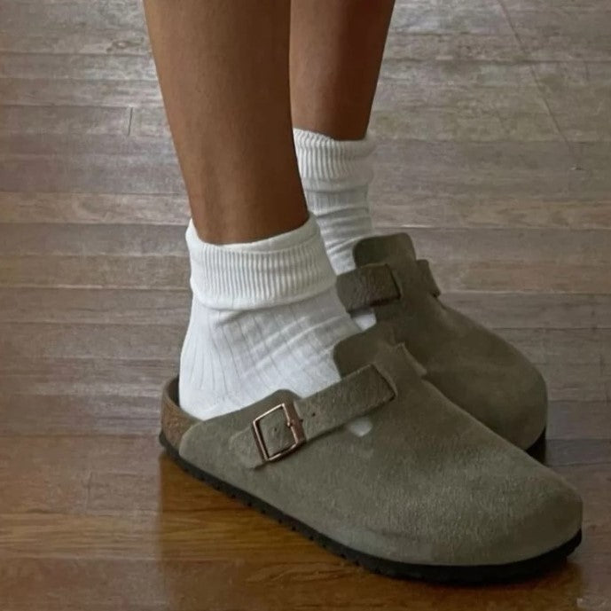 Suède Clogs Dames met Gesloten Neus en Verstelbare Gesp - Bruin / Beige / Zwart - Boston-Sandalen
