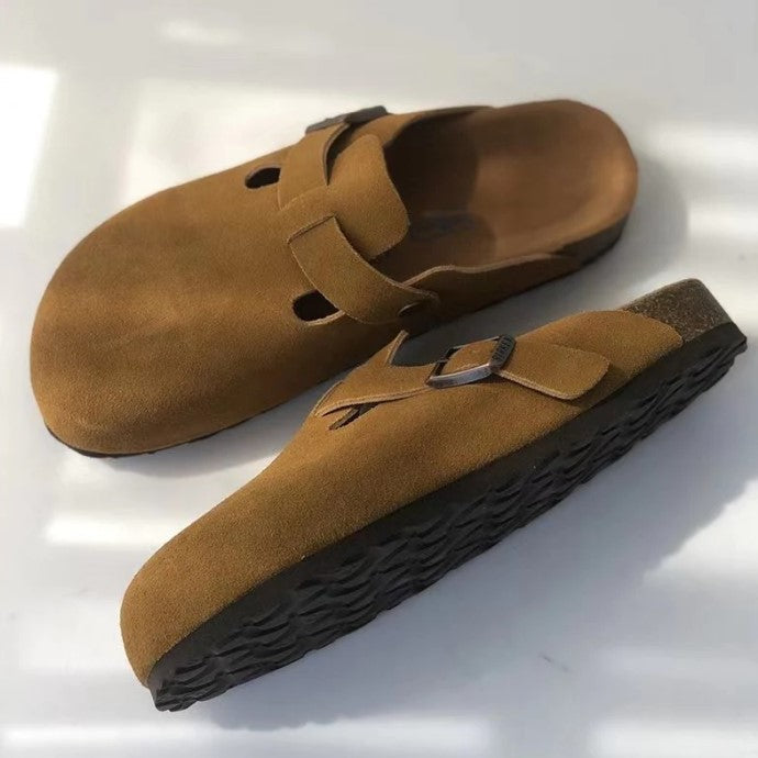 Suède Clogs Dames met Gesloten Neus en Verstelbare Gesp - Bruin / Beige / Zwart - Boston-Sandalen