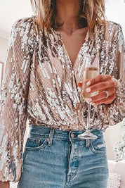 Dames Pailletten Blouse V-hals Lange Mouwen Wrap Stijl Feestelijk Glamour - Maelen