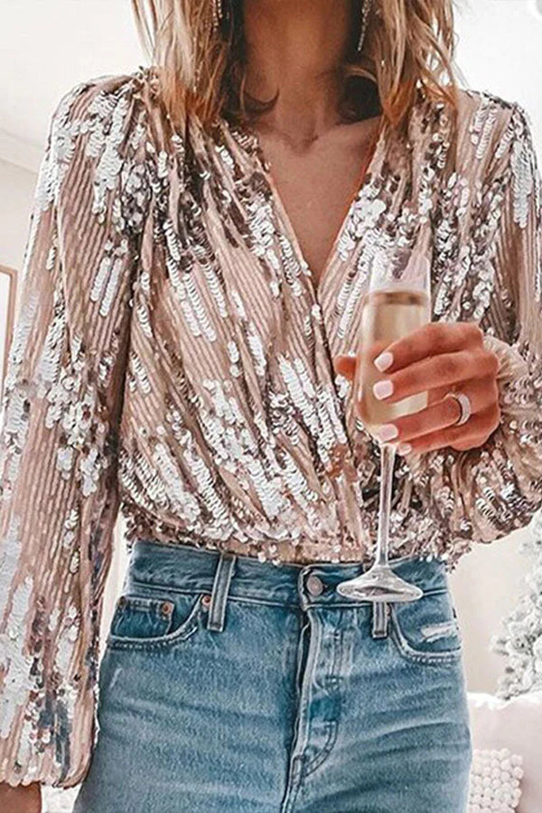 Dames Pailletten Blouse V-hals Lange Mouwen Wrap Stijl Feestelijk Glamour - Maelen