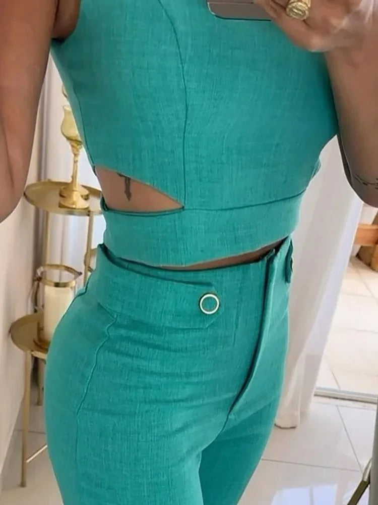 Alwinea Set | Mouwloze Korte Top &amp; Wijde High-Waist Pantalon in Zachte Stoffen