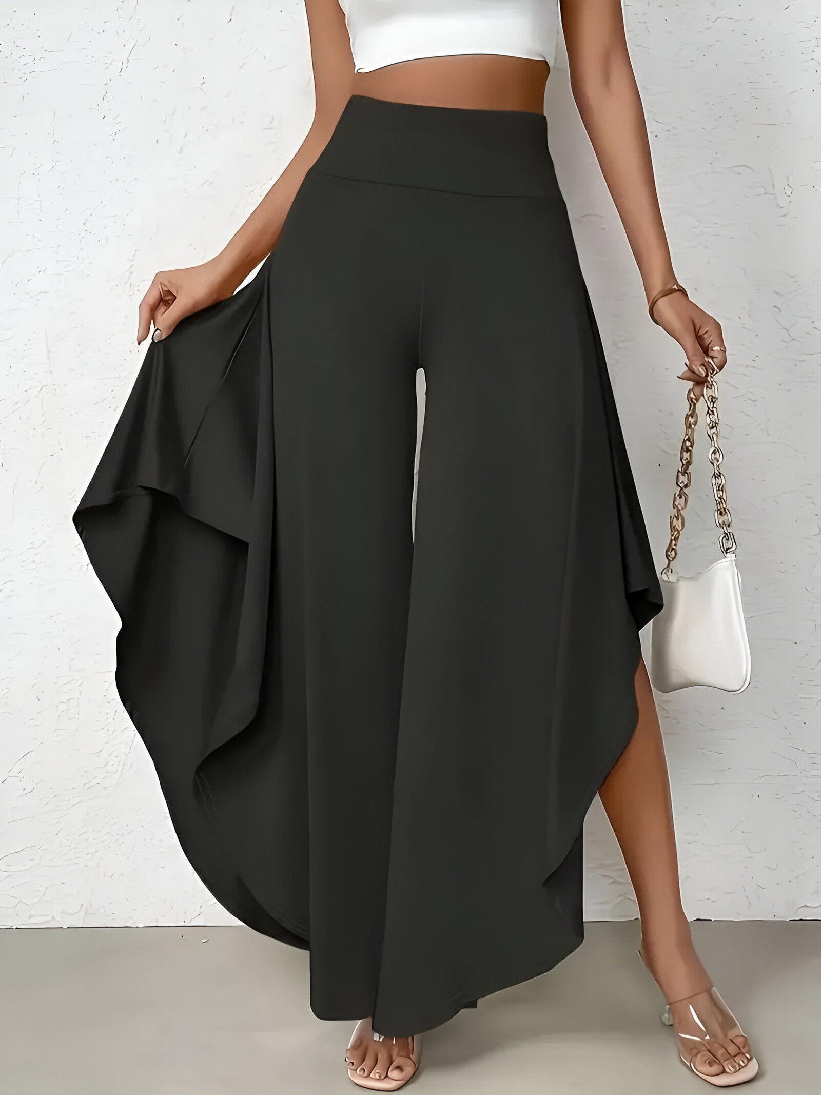 Elena Wide-Leg Pants | Damesbroek met Hoge Taille, Asymmetrische Zoom en Luchtige Wijde Pijpen