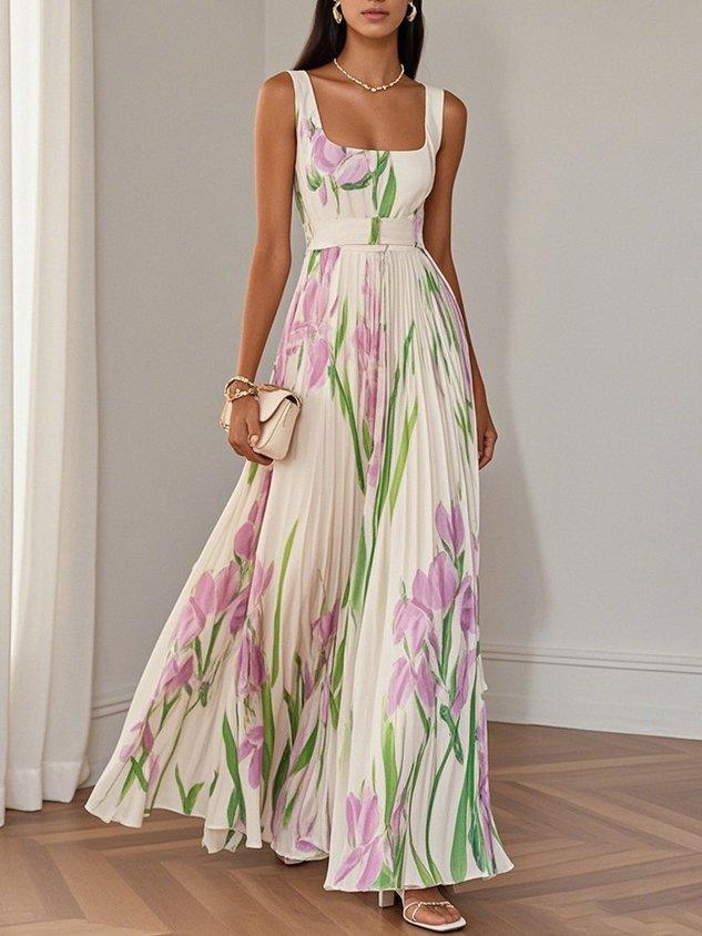 Chiffon Maxi Jurk Dames Bloemenprint Vierkante Hals Bruiloft Gast - Wit / Blauw / Roze - Maelen