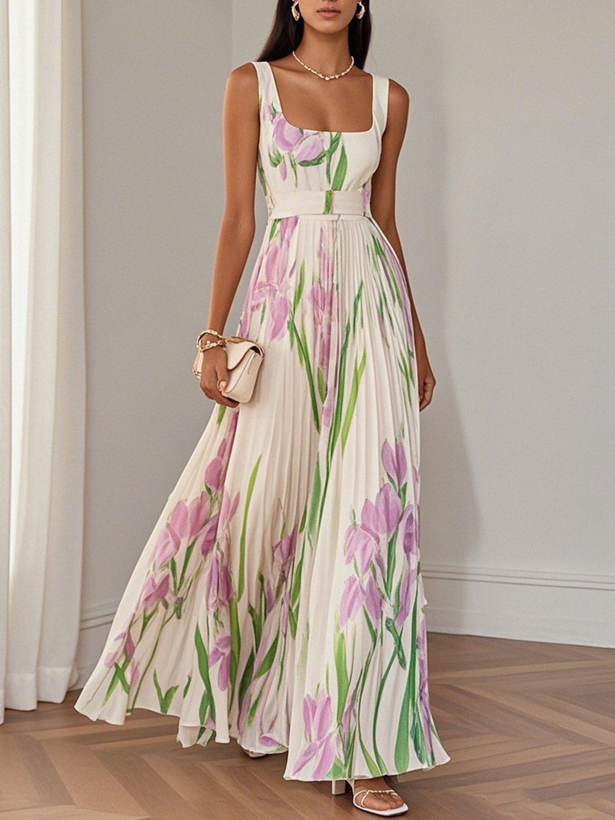 Chiffon Maxi Jurk Dames Bloemenprint Vierkante Hals Bruiloft Gast - Wit / Blauw / Roze - Maelen