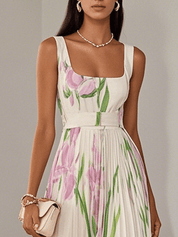 Chiffon Maxi Jurk Dames Bloemenprint Vierkante Hals Bruiloft Gast - Wit / Blauw / Roze - Maelen