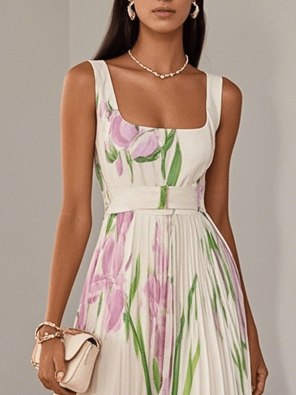 Chiffon Maxi Jurk Dames Bloemenprint Vierkante Hals Bruiloft Gast - Wit / Blauw / Roze - Maelen