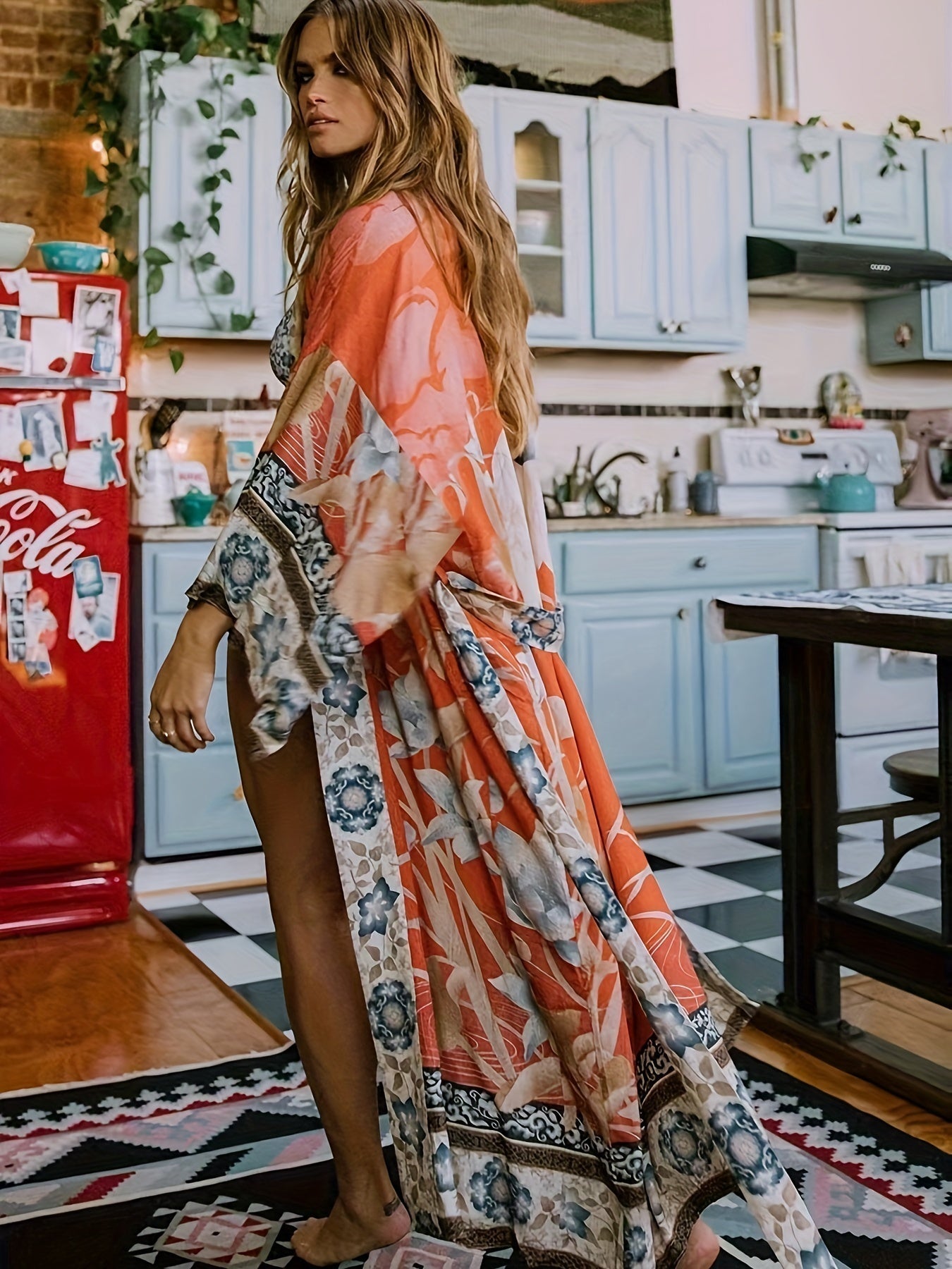 Tullia | Maxi Kimono Dames met Bloemenprint - Luchtig, Bohemian en Veelzijdig - Dusty Rose / Oranje