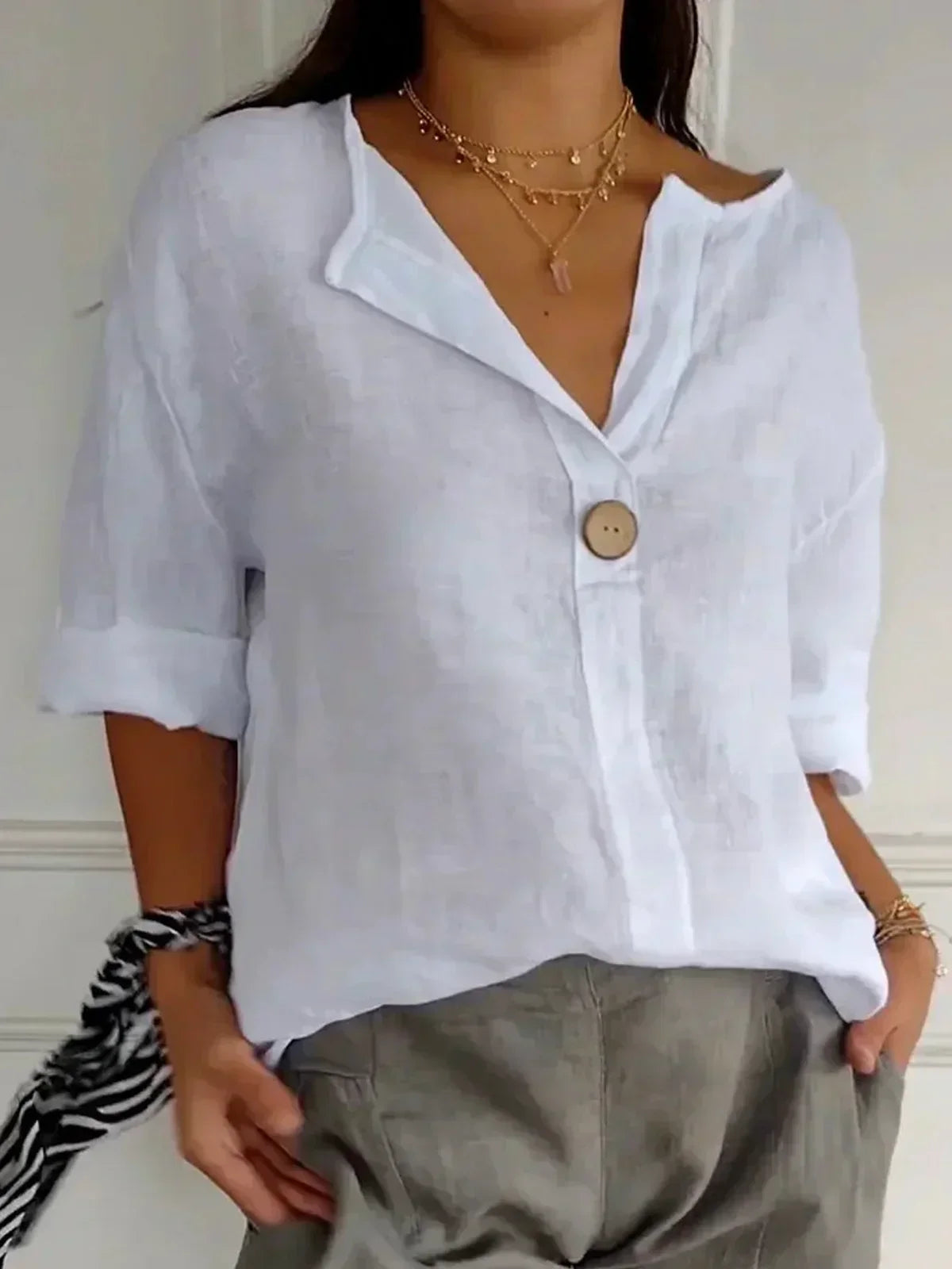 Dames Zomerblouse V-hals Knoopdetail Linnen Look Loszittend - Beige / Marineblauw / Rood - Maelen