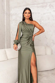 Dames Maxi Jurk met Split One Shoulder Elegant Feestelijk Vloerlengte - Turkoois / Olijfgroen / Marineblauw - Maelen