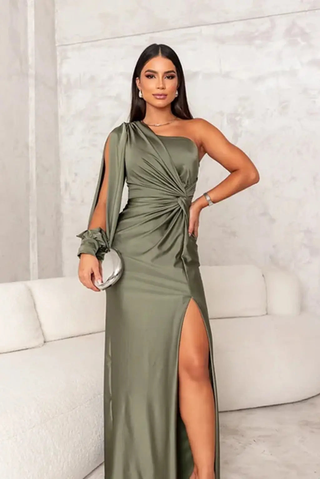 Dames Satijnen Maxi Jurk One Shoulder Gedrapeerd Split Galajurk - Turquoise / Zwart / Roze - Maelen