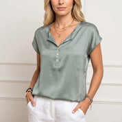Dames Top Zijde Look V-Hals Korte Mouwen Glanzend - Lichtbruin / Groen / Wit / Grijs - Maelen