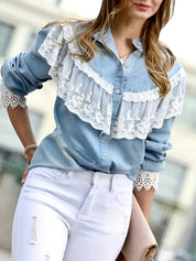 Boé Denim Overhemd | Lichtgewicht Jeansblouse met Ruches en Kanten Zoom