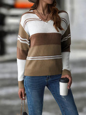 Bianca Trui | Gestreepte Herfsttrui met V-Hals en Comfortabele Pasvorm