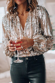 Dames Pailletten Blouse V-hals Lange Mouwen Wrap Stijl Feestelijk Glamour - Maelen