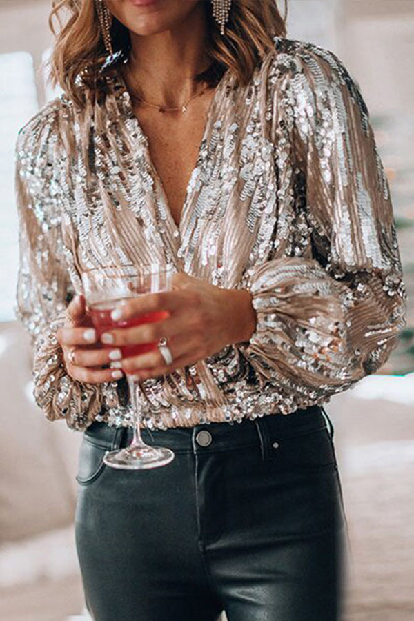 Dames Pailletten Blouse V-hals Lange Mouwen Wrap Stijl Feestelijk Glamour - Maelen