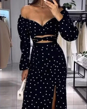 Giada Set | Tweedelige Dames Set met Stippenprint, Getailleerde Top en Hoge Taille Rok