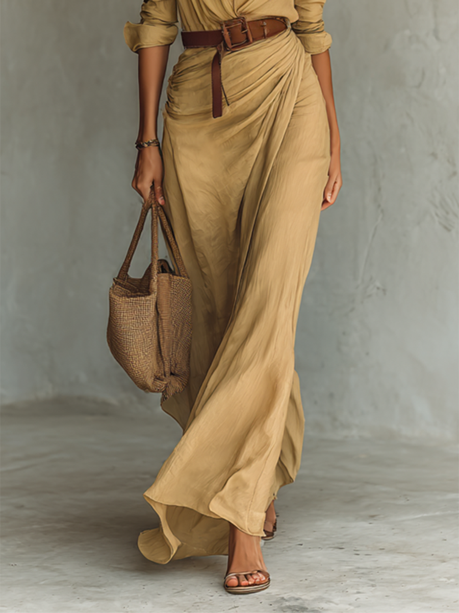 Dames Maxi Blousejurk Linen Look Lange Mouwen Ceintuur Diepe V-hals - Khaki / Marineblauw / Wit / Zwart - Maelen